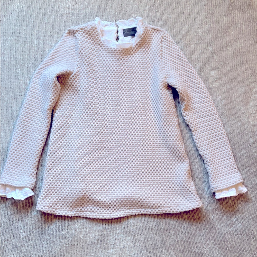 Anthropologie Cream Textured Crewneck Sweater with Ruffle Trim